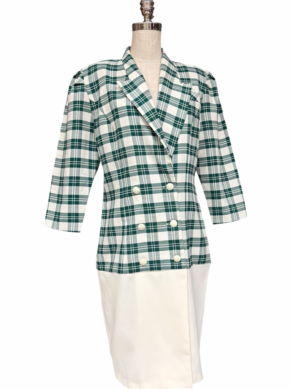 Vintage 80s Good Times Plaid Blazer Dress Green Cream Size 10 USA